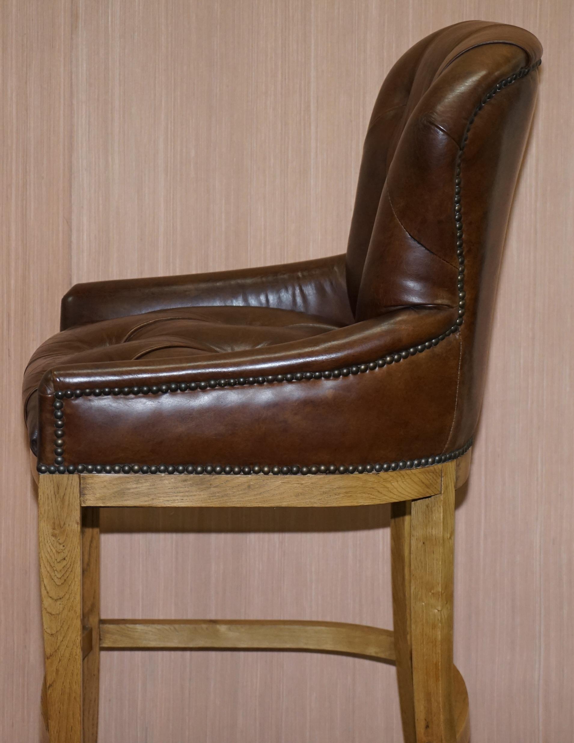1 of 4 Hand Dyed Brown Leather Chesterfield Tufted High Bar Stools Oak Framed 9