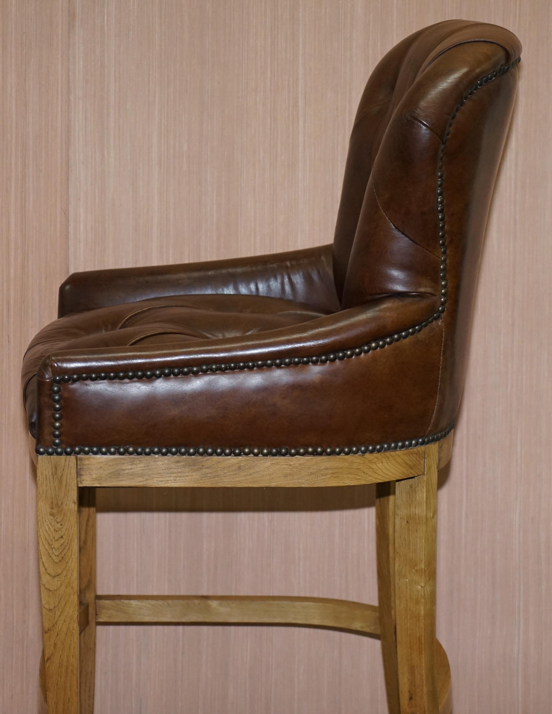 1 of 4 Hand Dyed Brown Leather Chesterfield Tufted High Bar Stools Oak Framed 10