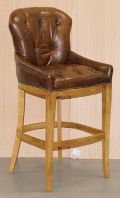 1 of 4 Hand Dyed Brown Leather Chesterfield Tufted High Bar Stools Oak Framed
