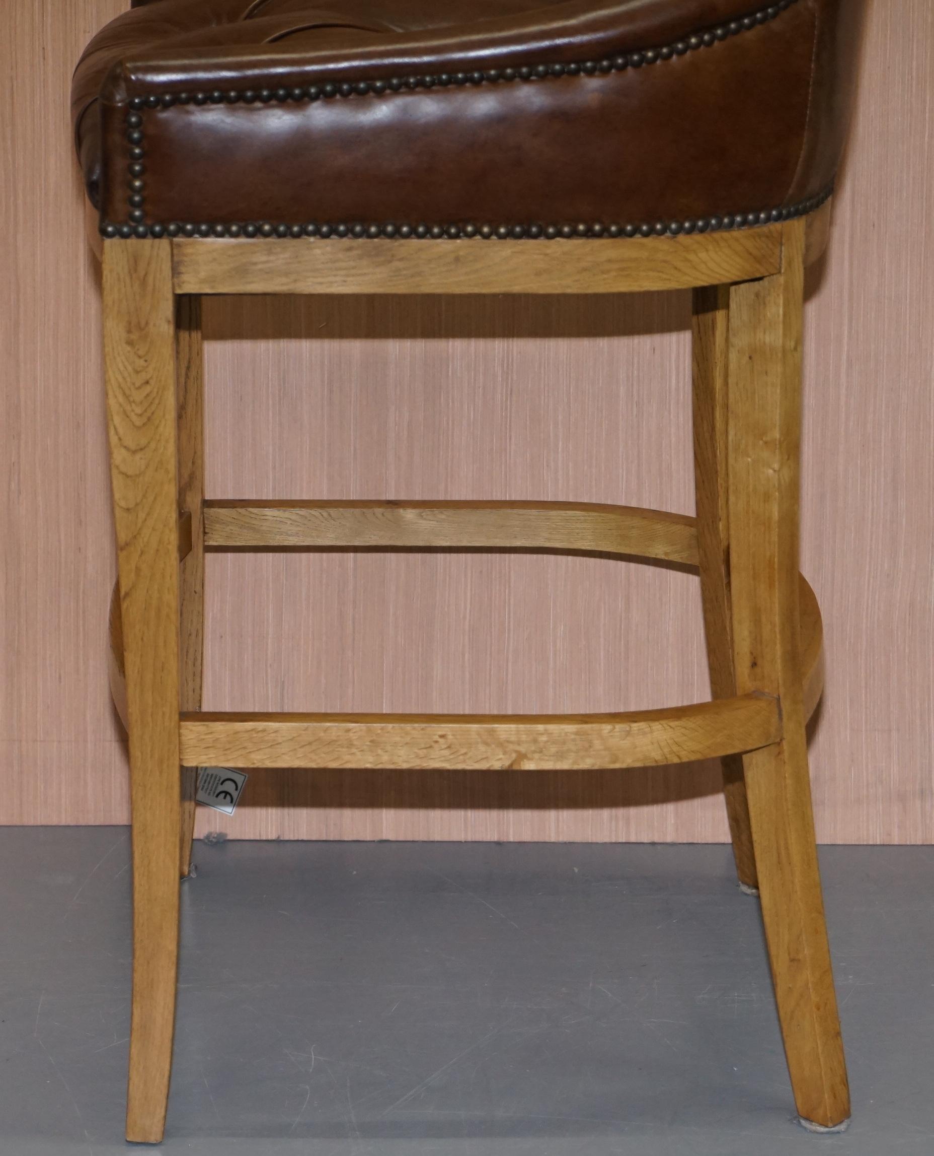 1 of 4 Hand Dyed Brown Leather Chesterfield Tufted High Bar Stools Oak Framed 10