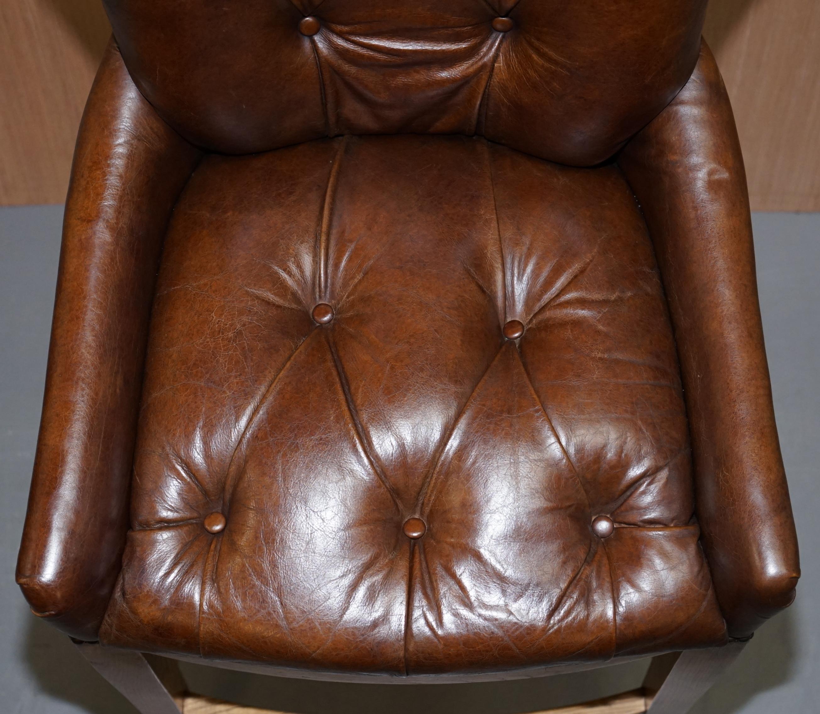 Modern 1 of 4 Hand Dyed Brown Leather Chesterfield Tufted High Bar Stools Oak Framed