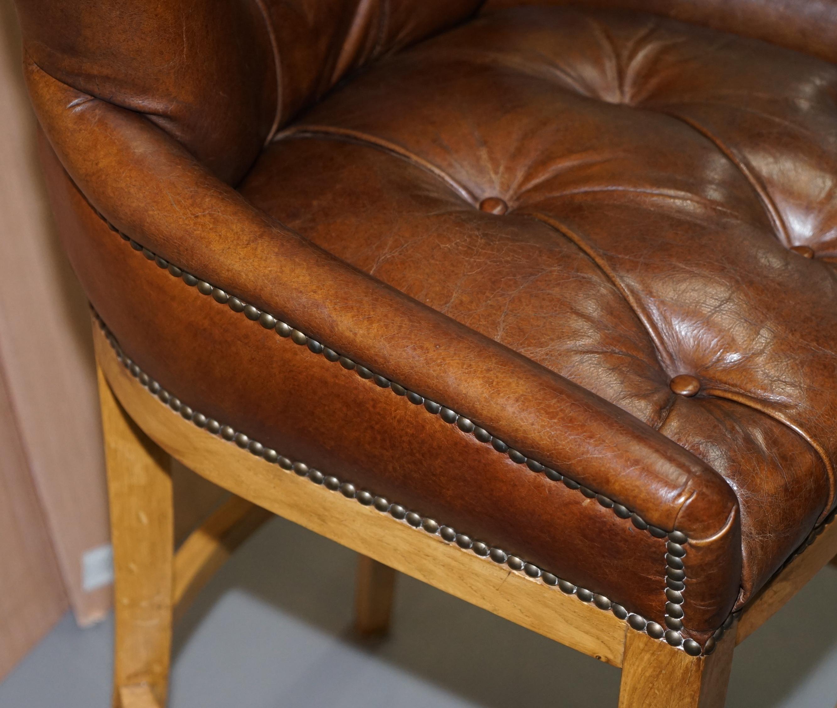 English 1 of 4 Hand Dyed Brown Leather Chesterfield Tufted High Bar Stools Oak Framed