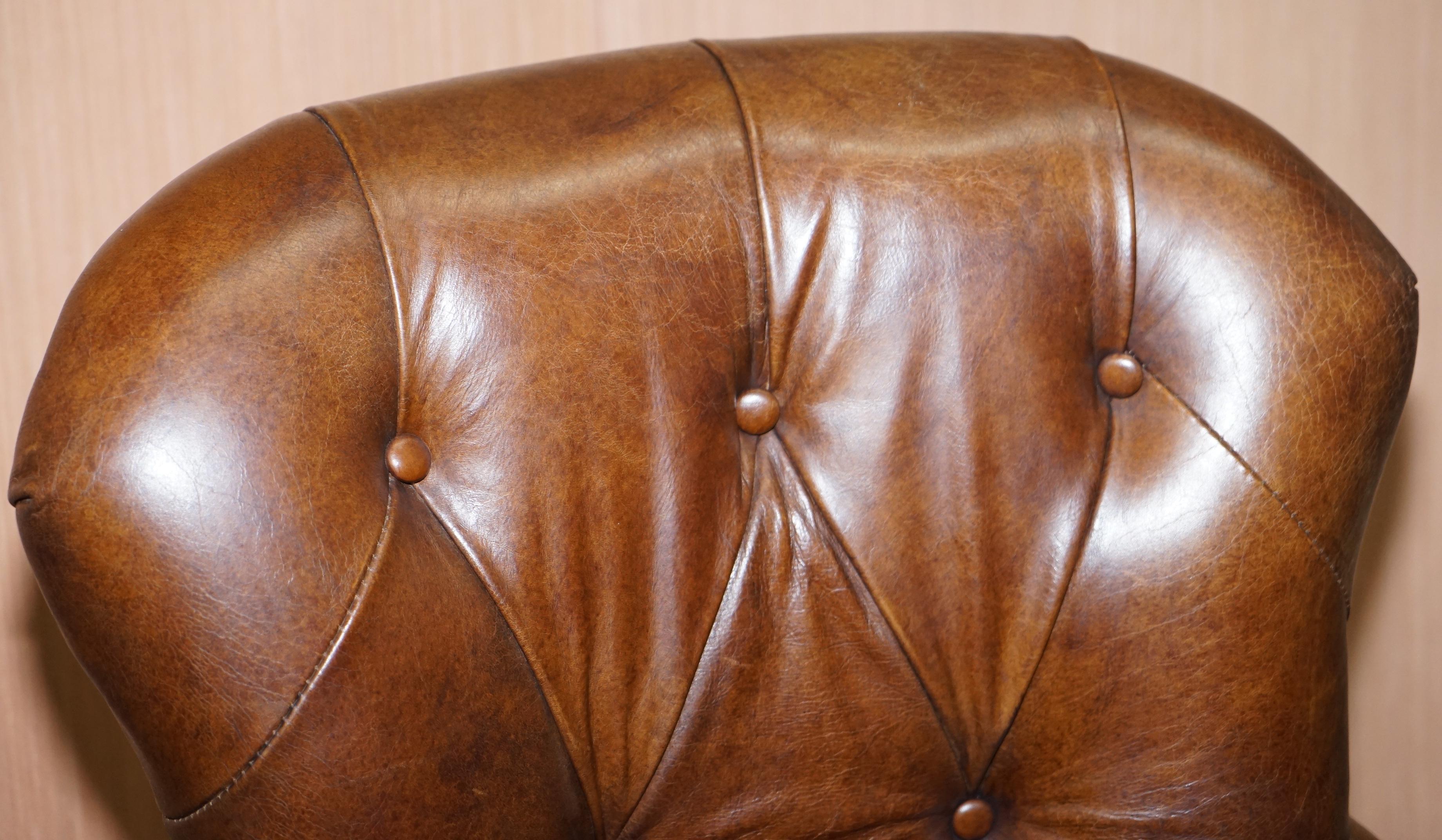 Hand-Crafted 1 of 4 Hand Dyed Brown Leather Chesterfield Tufted High Bar Stools Oak Framed