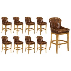 1 de 4 tabourets de bar hauts en cuir marron teint à la main Chesterfield touffeté Oak Framed