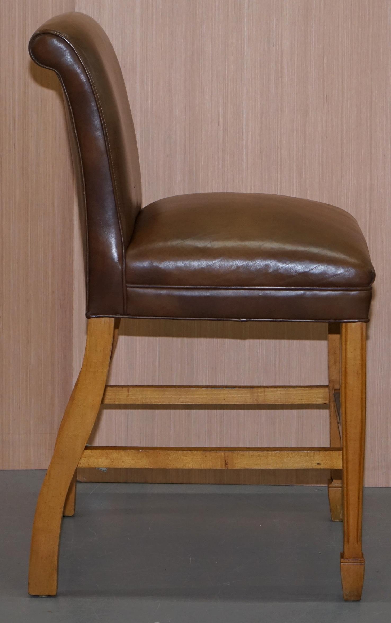 1 of 6 Hand Dyed Brown Leather MALONE & Hancock High Bar Stools Hardwood Framed 4