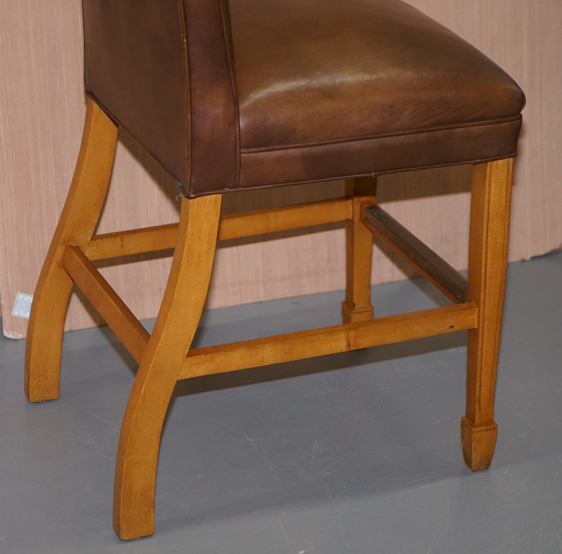 1 of 6 Hand Dyed Brown Leather MALONE & Hancock High Bar Stools Hardwood Framed 6