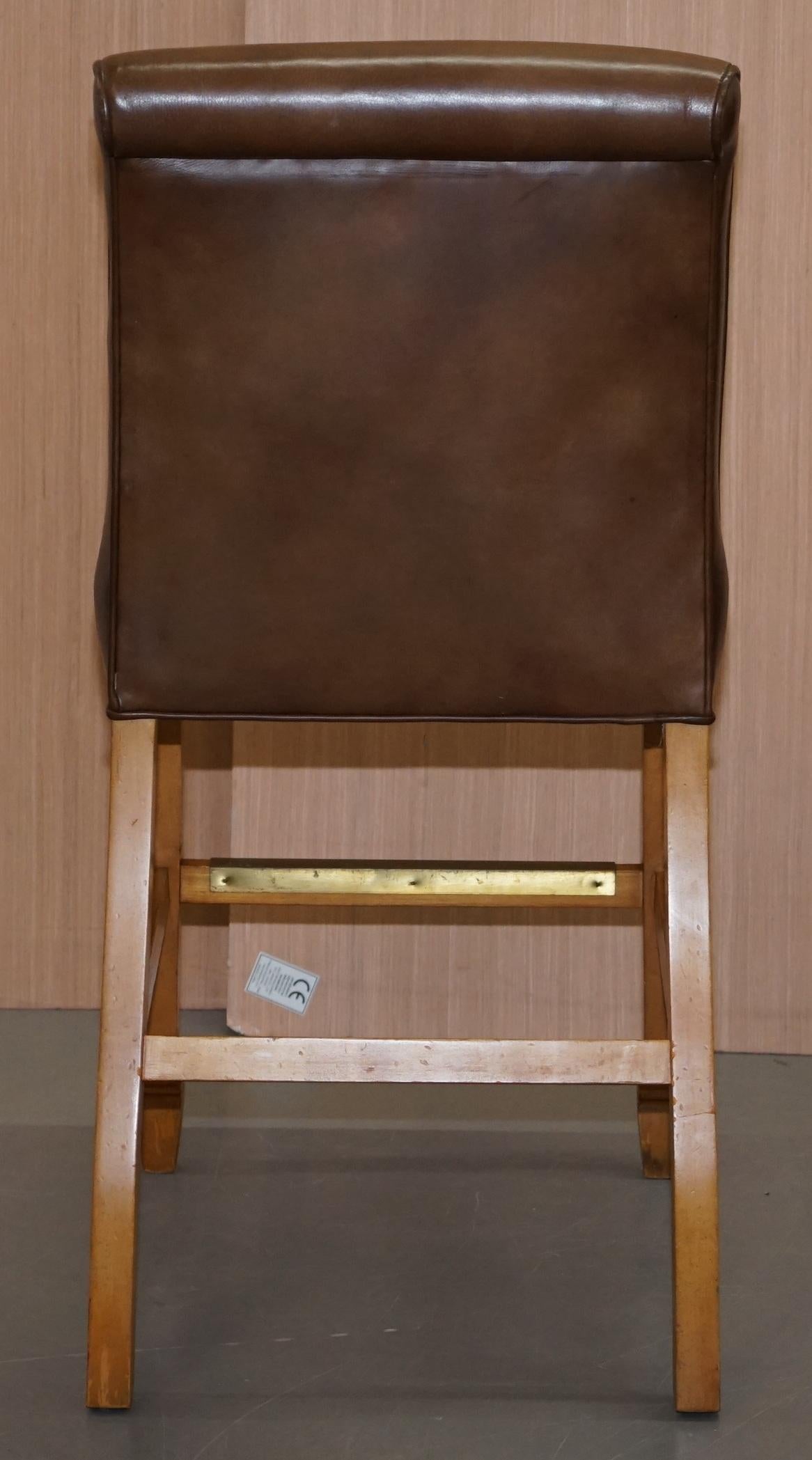 1 of 6 Hand Dyed Brown Leather MALONE & Hancock High Bar Stools Hardwood Framed 7