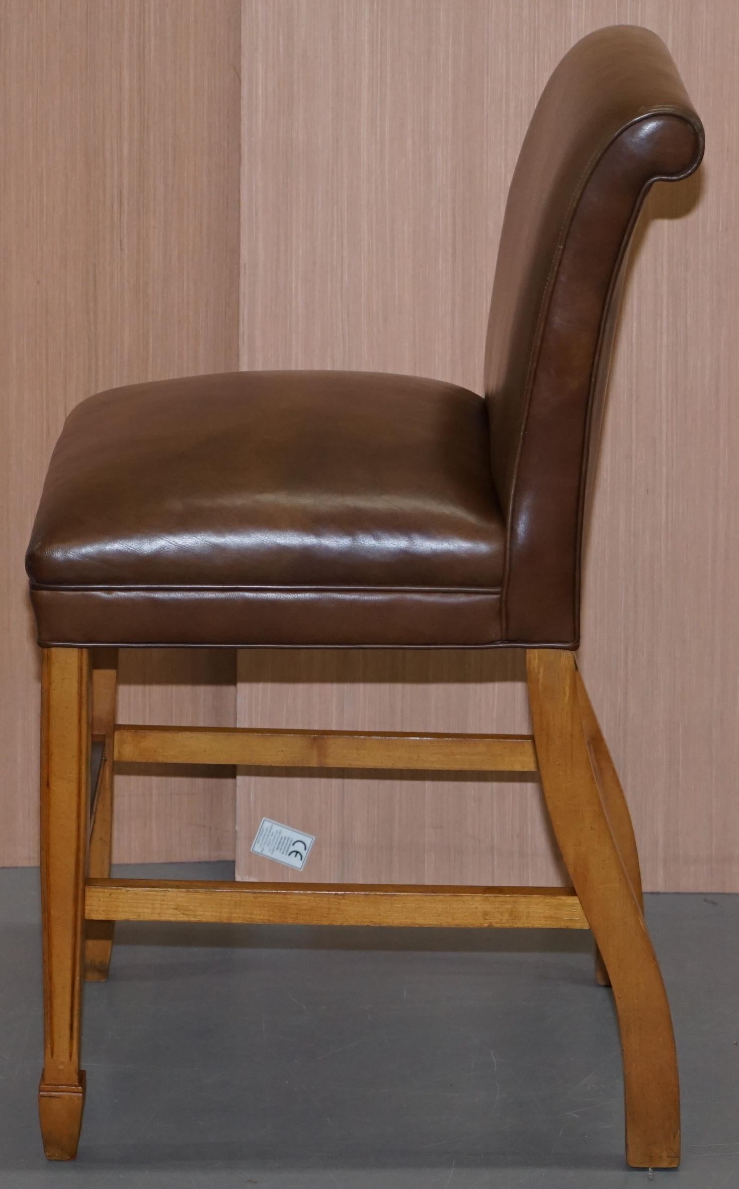 1 of 6 Hand Dyed Brown Leather MALONE & Hancock High Bar Stools Hardwood Framed 9