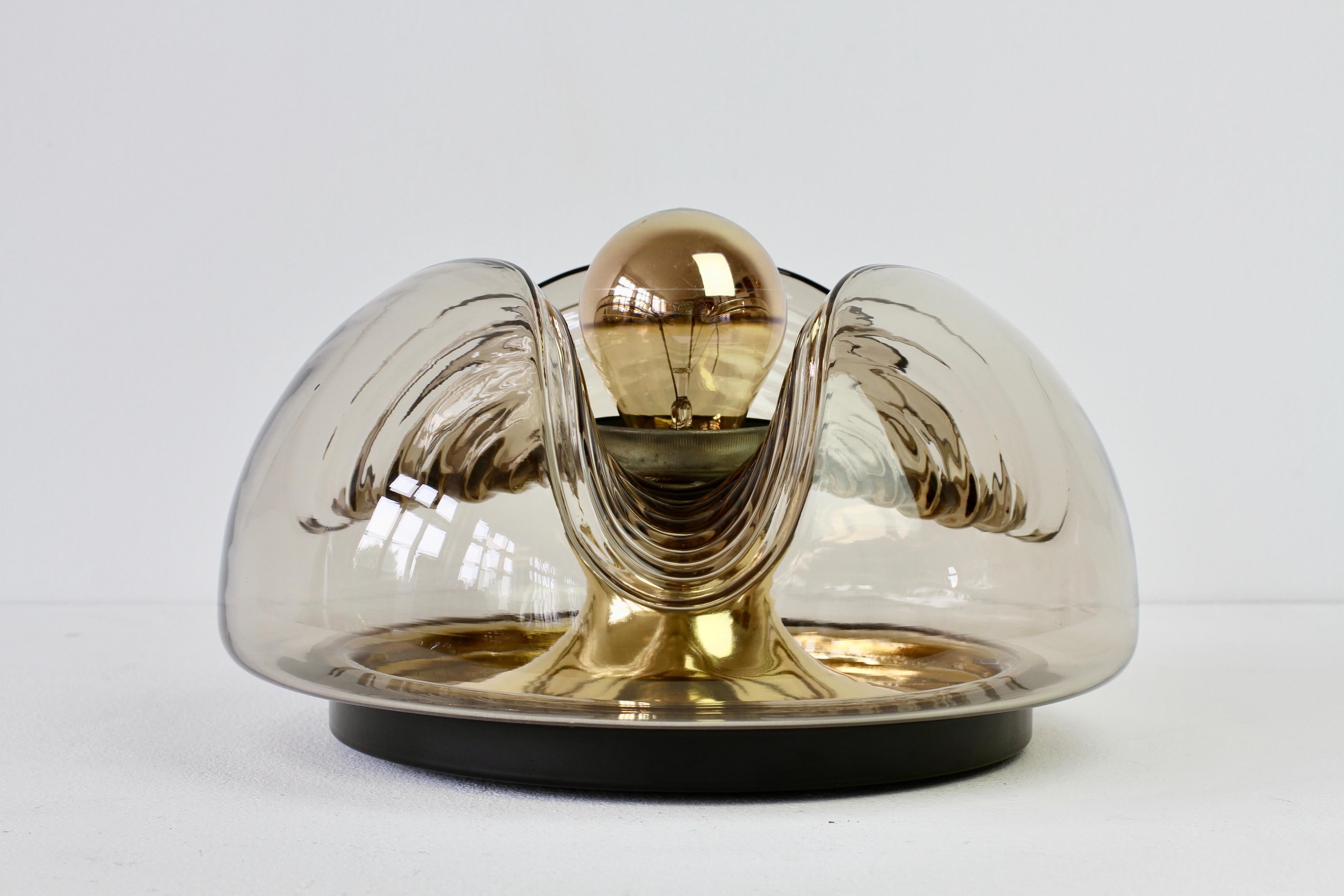Molded 1 of 8 Peill & Putzler 1970s Smoked Glass & Brass Biomorphic Wall Lights Sconces For Sale