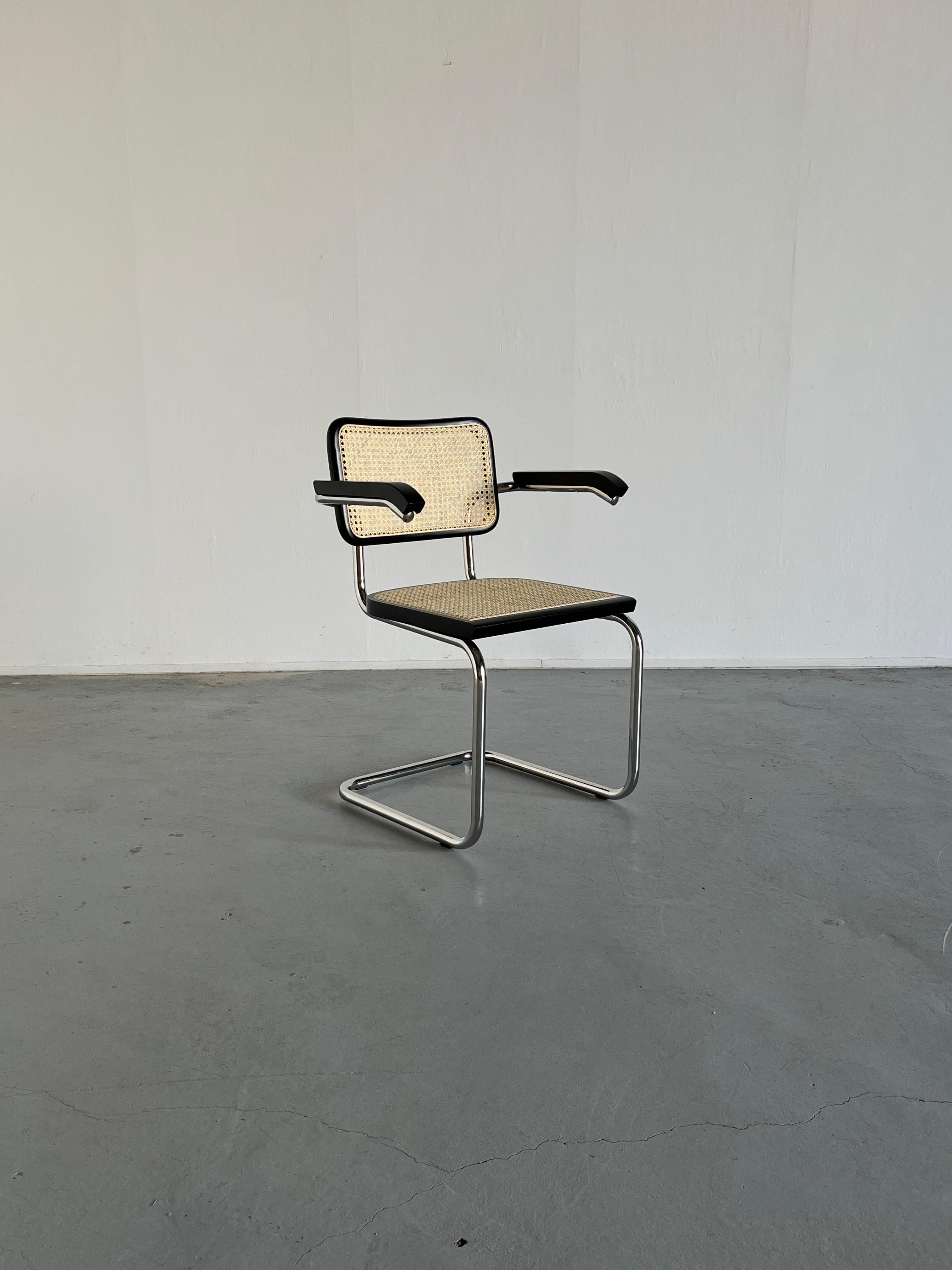 Marcel Breuer model B64 or 'Cesca' design chairs.

Unknown Italian production, circa 1995-2000.
Were a part of a local city hall office in Italy.

Fully restored in a black finish, with new European made cane. Chrome frames polished to perfection,