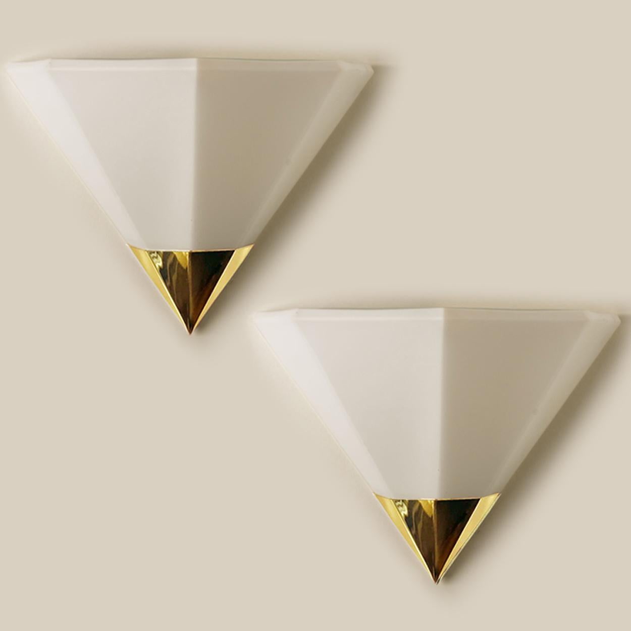 Brass 1 of 8 White Glass Modern Wall Lamps by Glashütte Limburg, 1970 For Sale