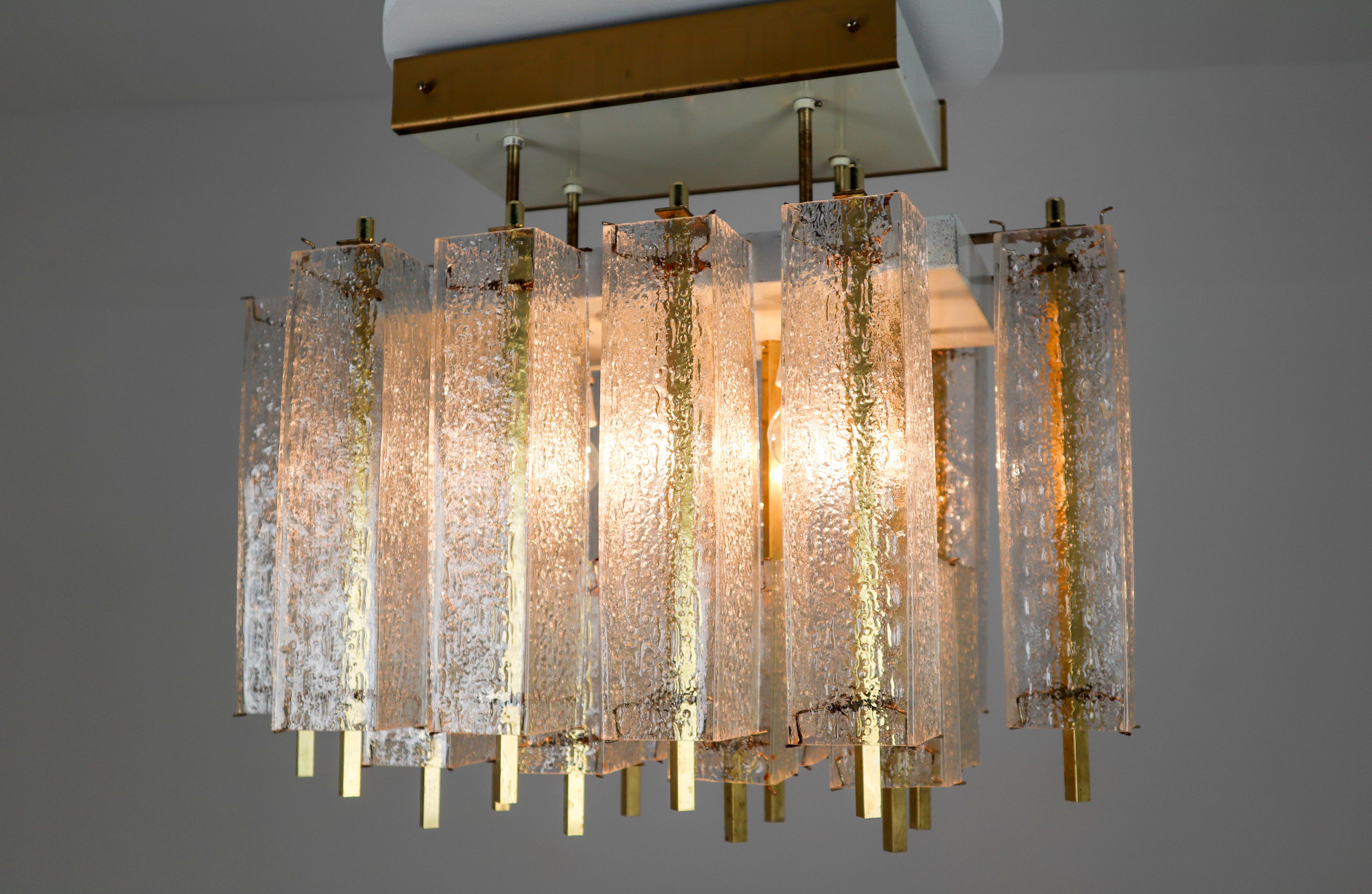 1 of 9 Large Midcentury Chandelier with Structured Glass and Brass Frame, 1960s For Sale 9
