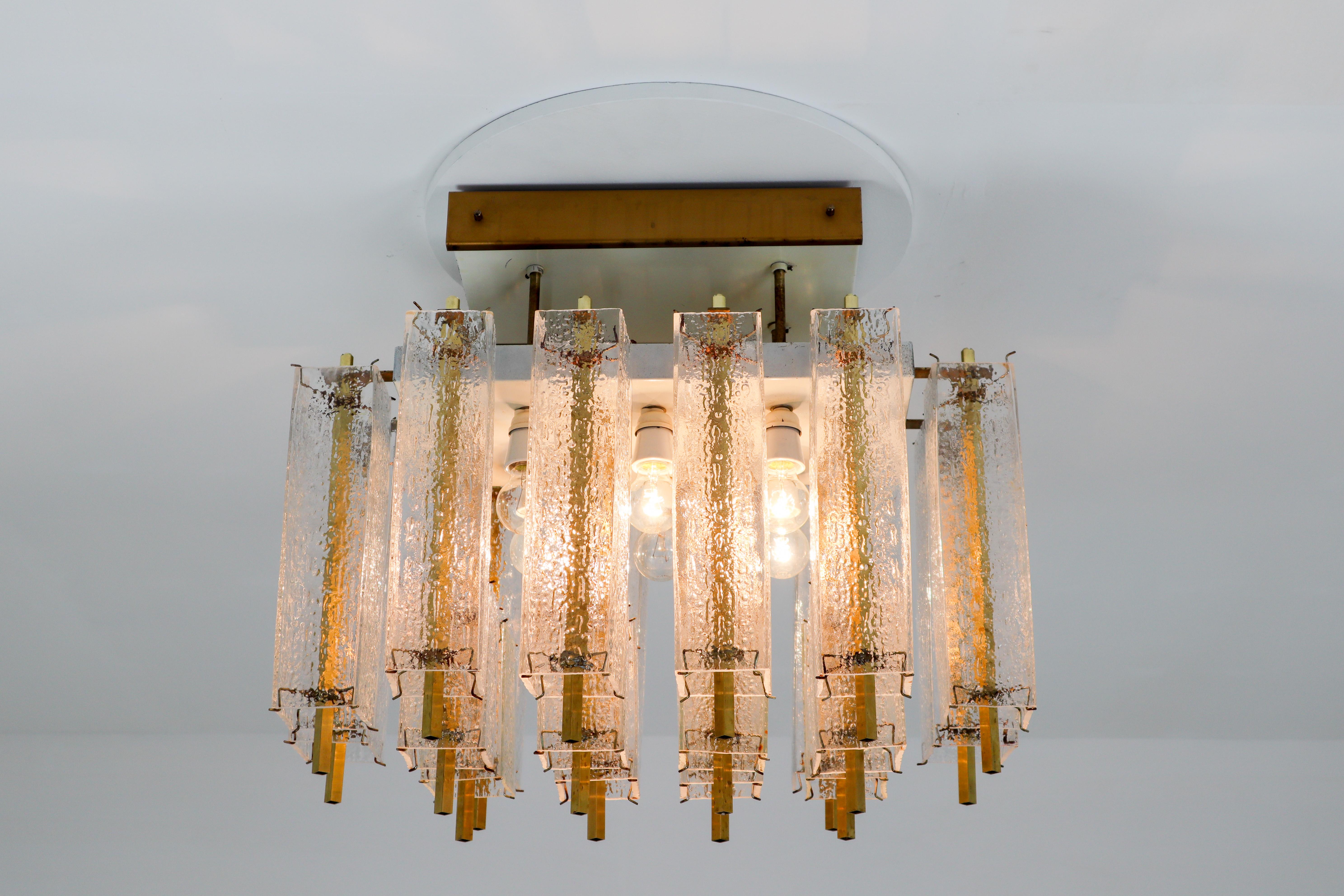 Hollywood Regency 1 of 9 Large Midcentury Chandelier with Structured Glass and Brass Frame, 1960s For Sale