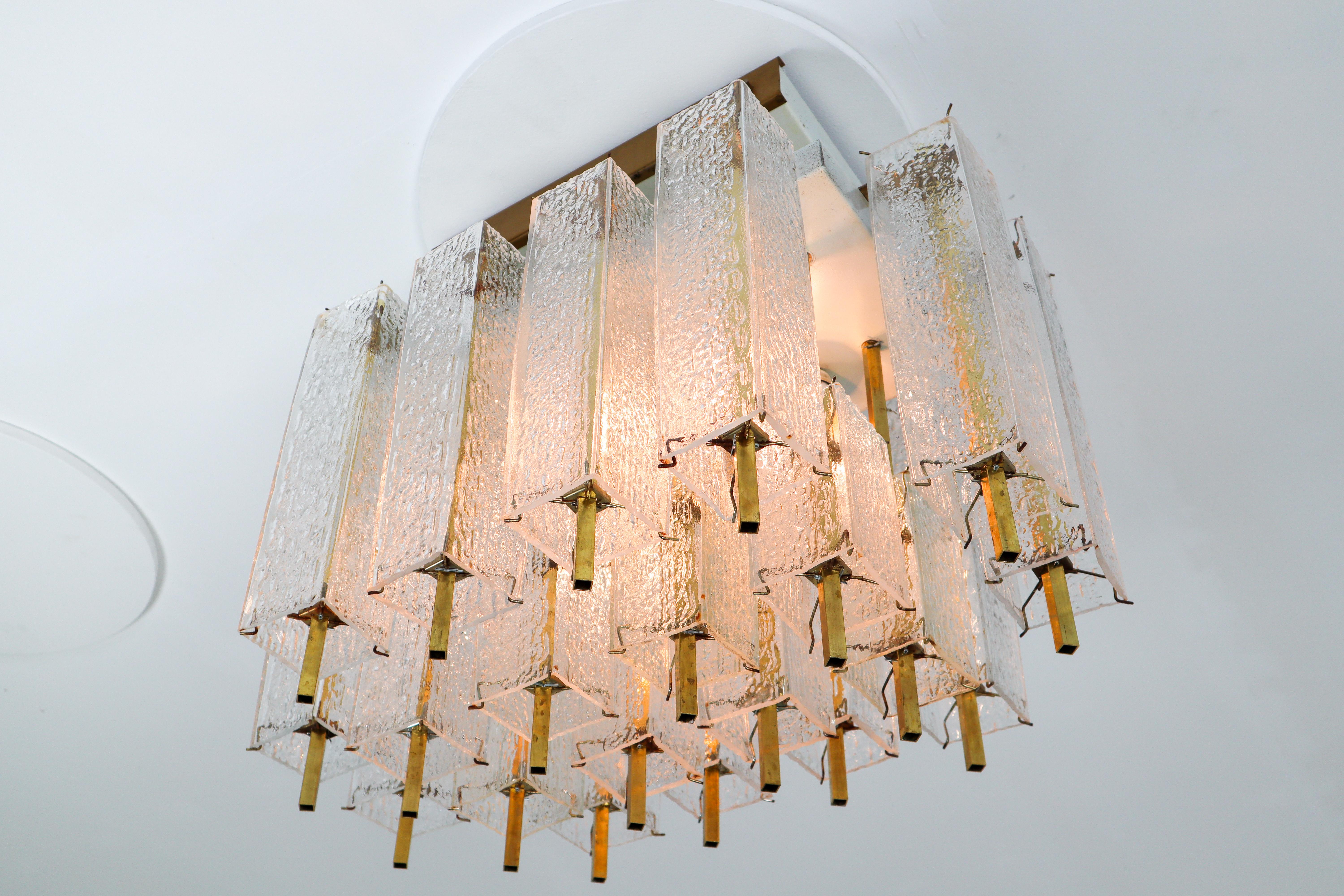 1 of 9 Large Midcentury Chandelier with Structured Glass and Brass Frame, 1960s For Sale 2