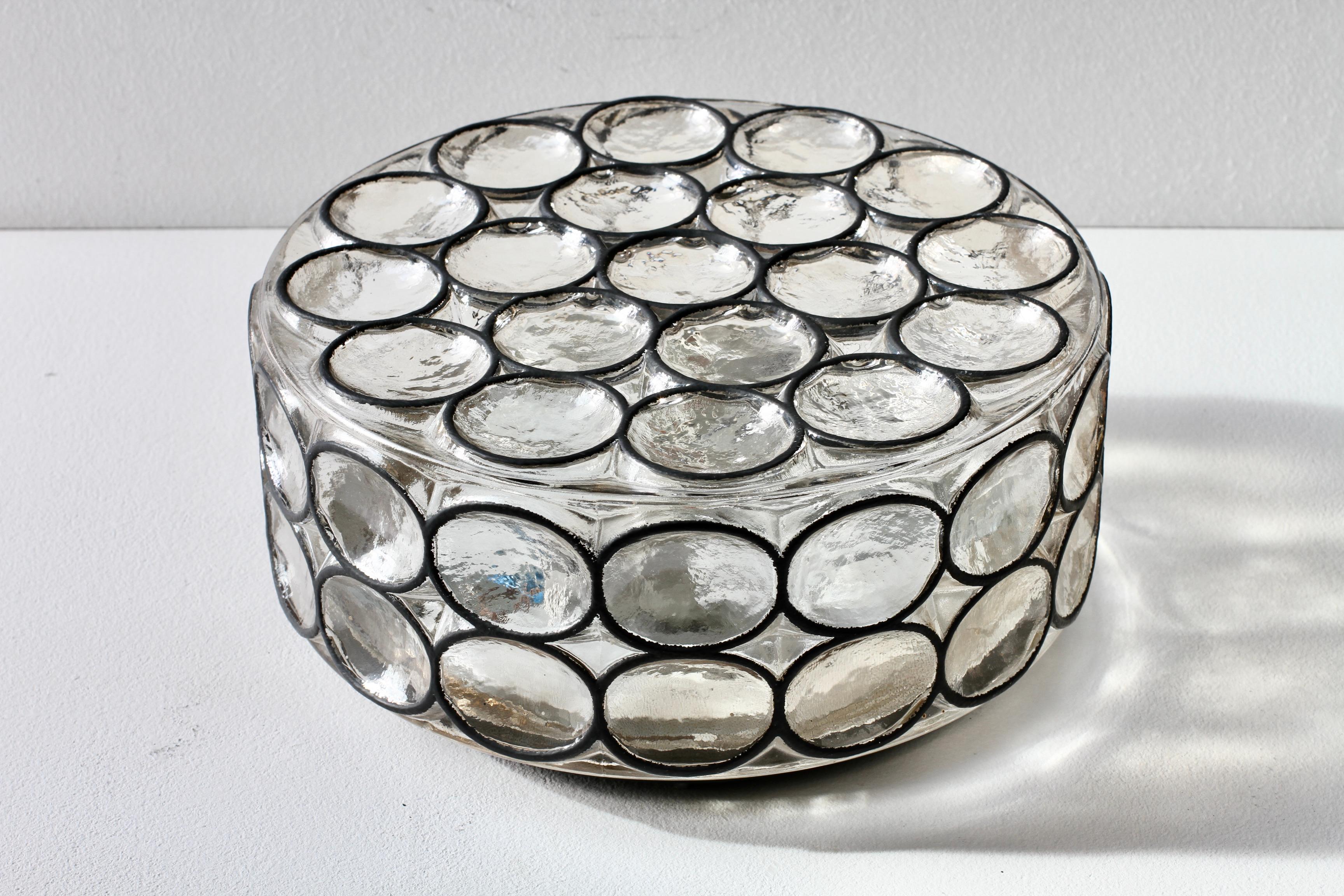 German 1 of a Pair of Limburg Large Circular Iron Rings & Glass Flushmount Lights 1960s For Sale