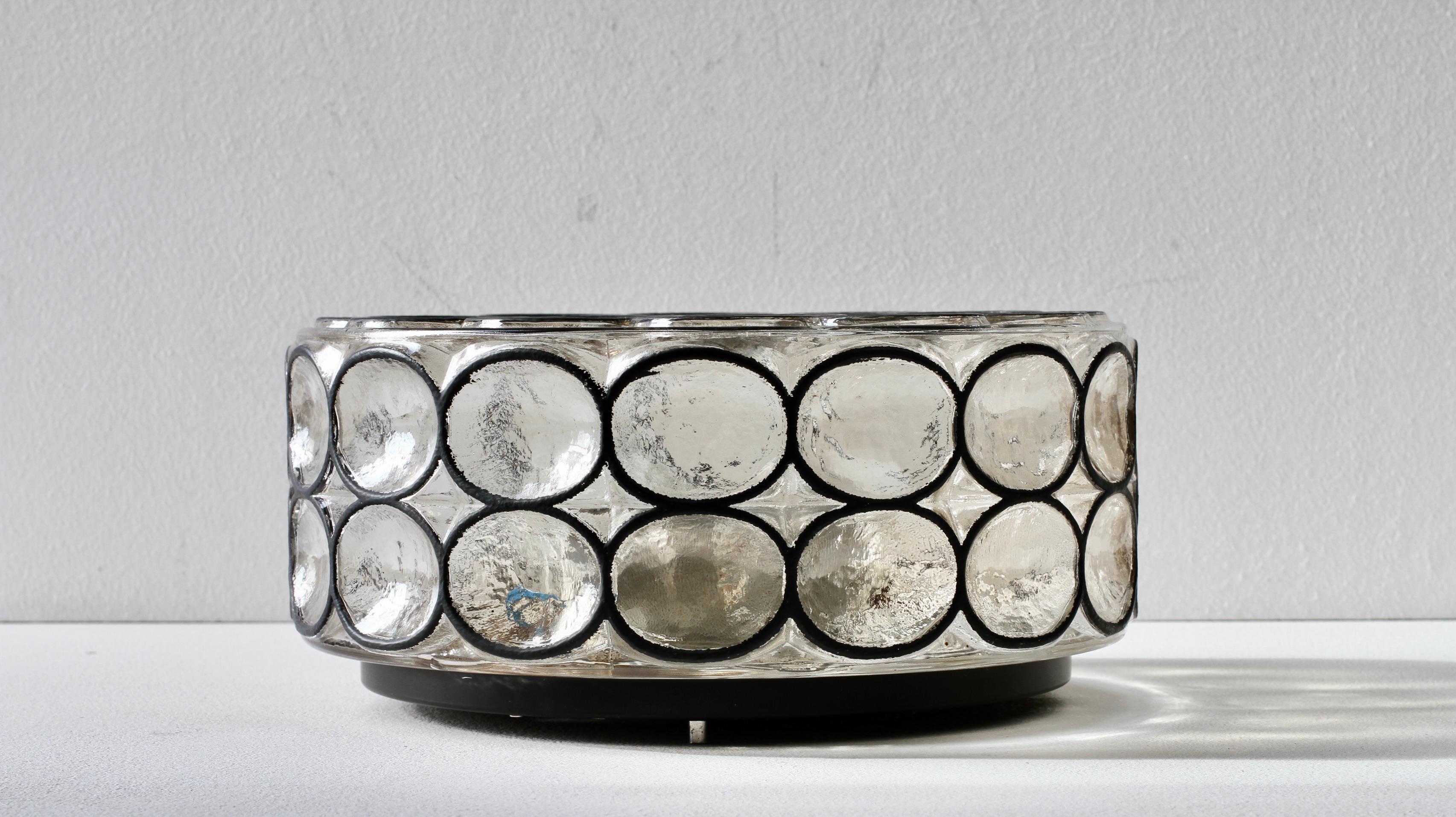 Metal 1 of a Pair of Limburg Large Circular Iron Rings & Glass Flushmount Lights 1960s For Sale
