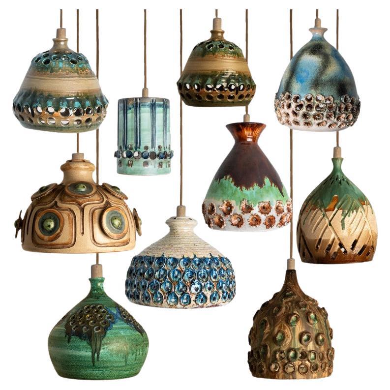 1 of the 10 Ceramic Green Blue Brown Pendants, Denmark 1970 For Sale