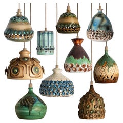1 of the 10 Ceramic Green Blue Brown Pendants, Denmark 1970