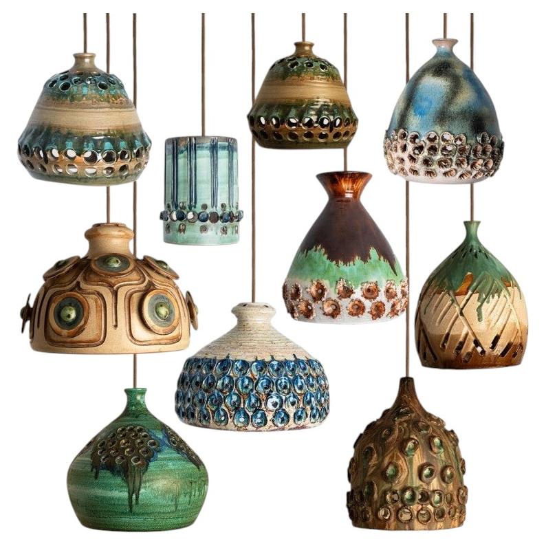 1 of the 10 Ceramic Green Blue Brown Pendants, Denmark 1970
