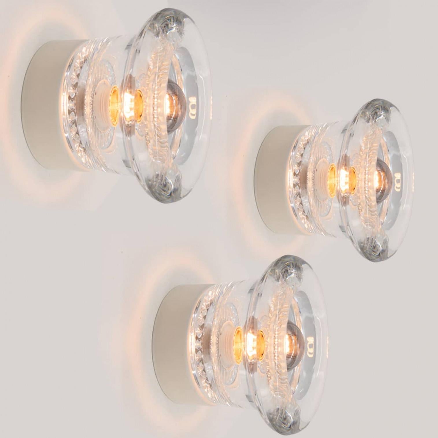 German 1 of the 10 Glass Wall Sconces/ Flush Mounts by Cosack Leuchten, 1970s For Sale