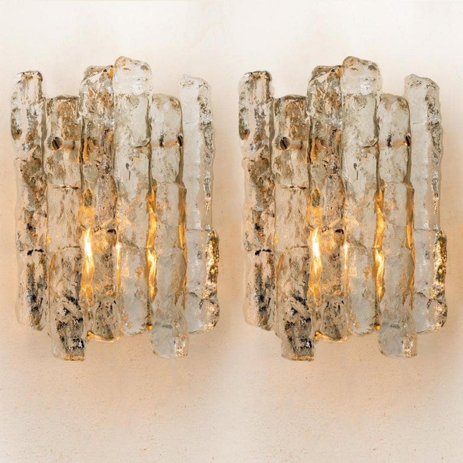 Mid-Century Modern 1 of the 10 Ice Glass Wall Sconces with Brass Tone by J.T. Kalmar, Austria For Sale