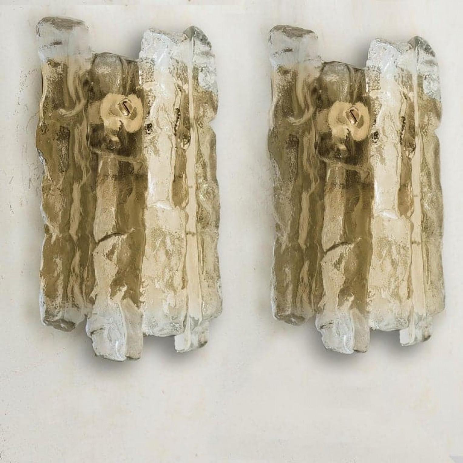 Metal 1 of the 10 Ice Glass Wall Sconces with Brass Tone by J.T. Kalmar, Austria For Sale