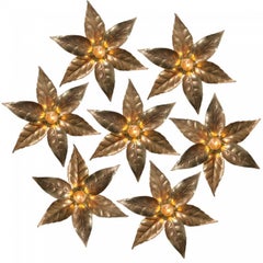 1 of the 10 Massive Brass Flower Wall Lights, Willy Daro Style, 1970s