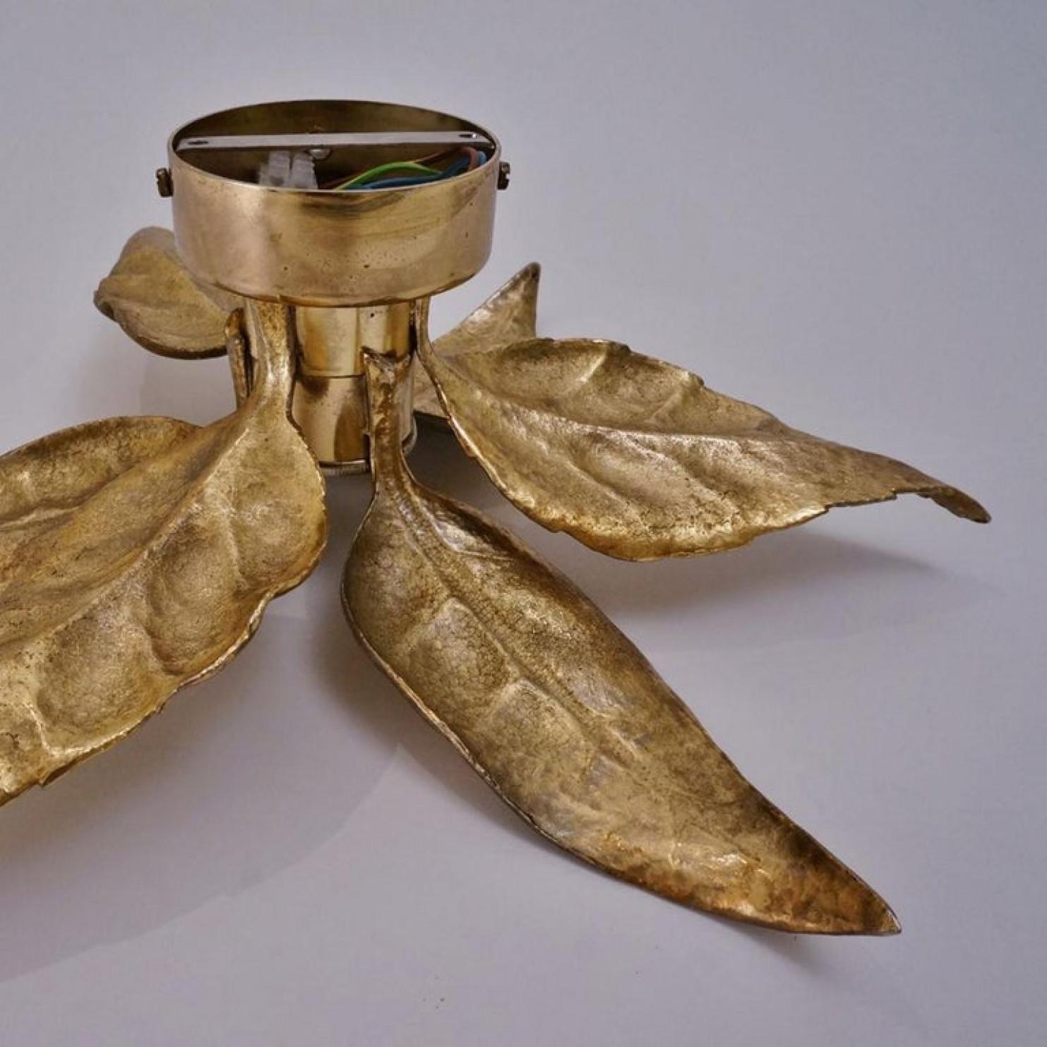 German 1 of the 10 Massive Brass Flower Wall Lights, Willy Daro Style, 1970s For Sale