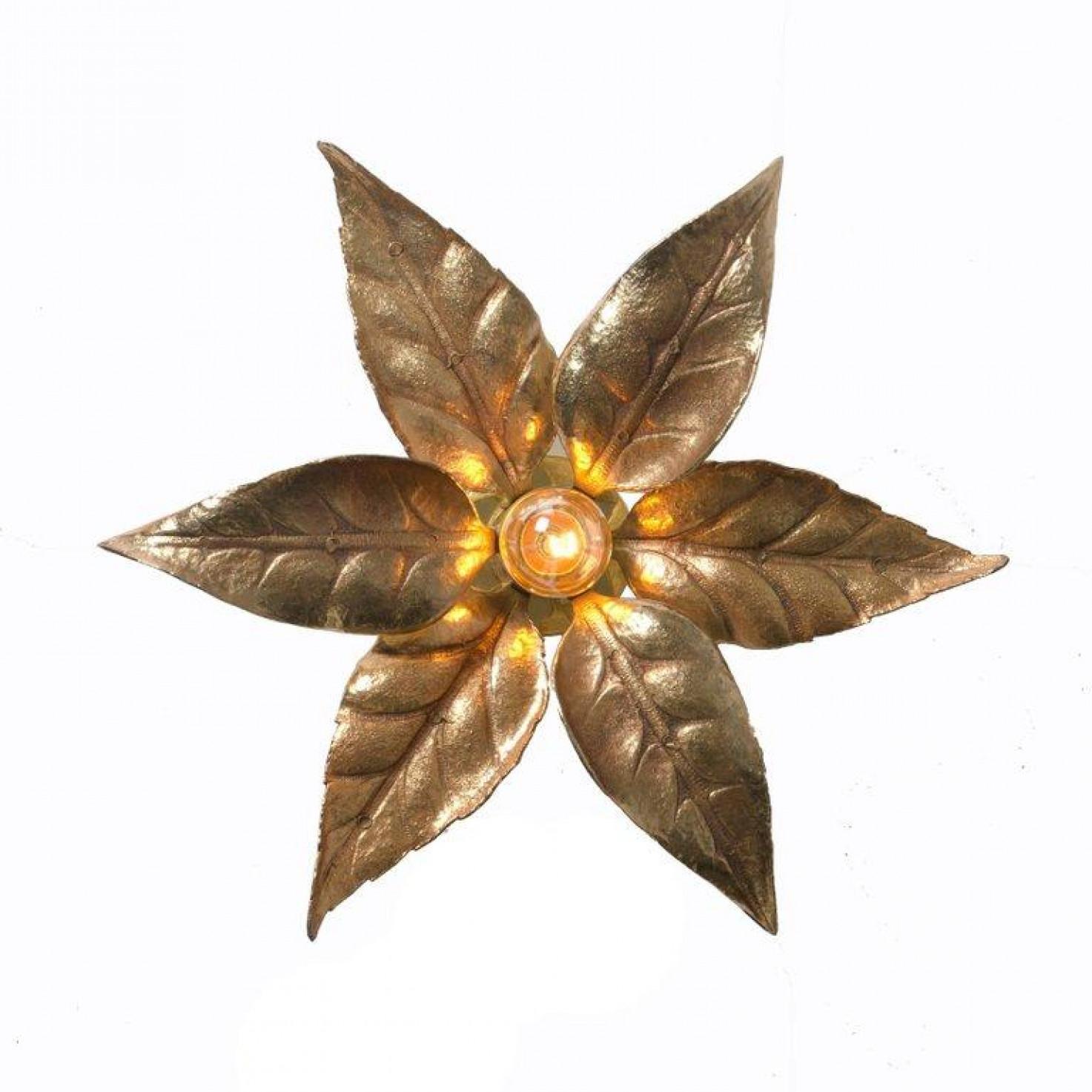 1 of the 10 Massive Brass Flower Wall Lights, Willy Daro Style, 1970s For Sale 1