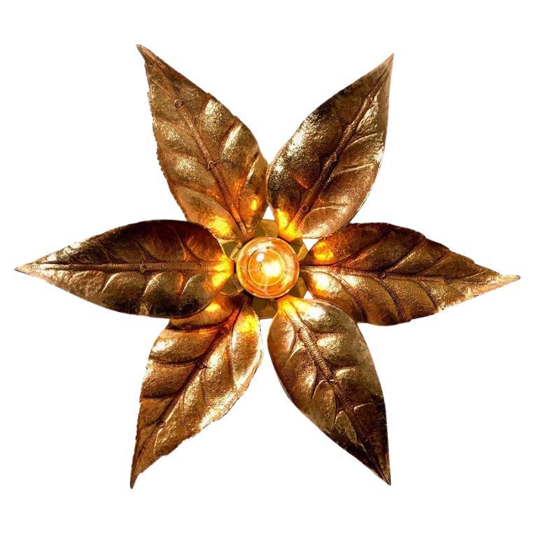 1 of the 10 Massive Brass Flower Wall Lights, Willy Daro Style, 1970s
