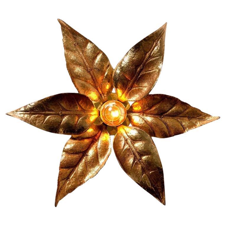 1 of the 10 Massive Brass Flower Wall Lights, Willy Daro Style, 1970s For Sale