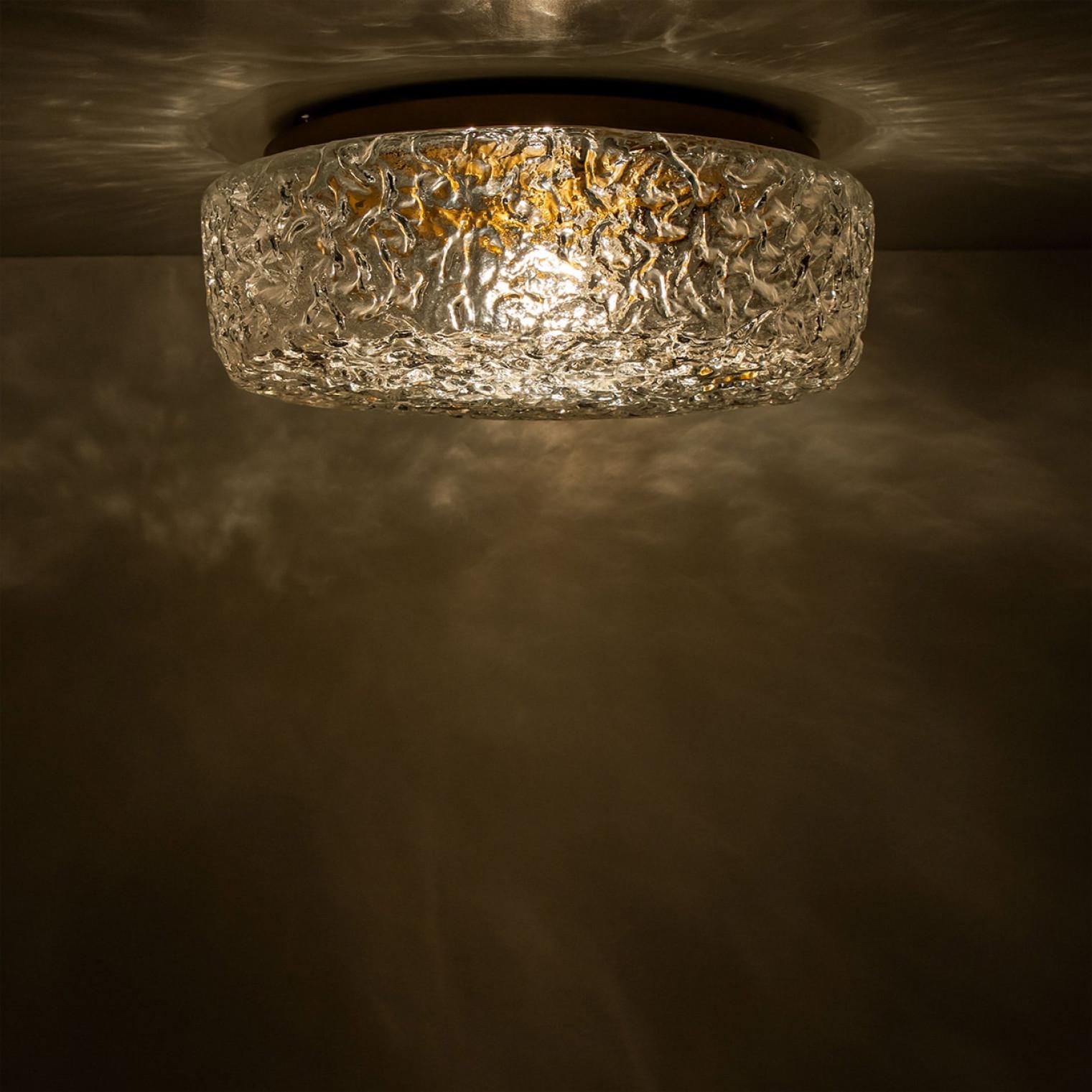 Metal 1 of the 10 Round Clear Textured Glass Flush Mount, in style of Limburg For Sale
