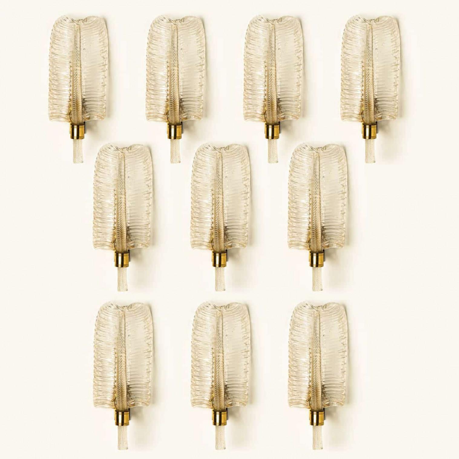 Mid-Century Modern 1 of the 10 Wall Sconces Barovier & Toso Glass and Brass Leaves, Italy 1970 For Sale