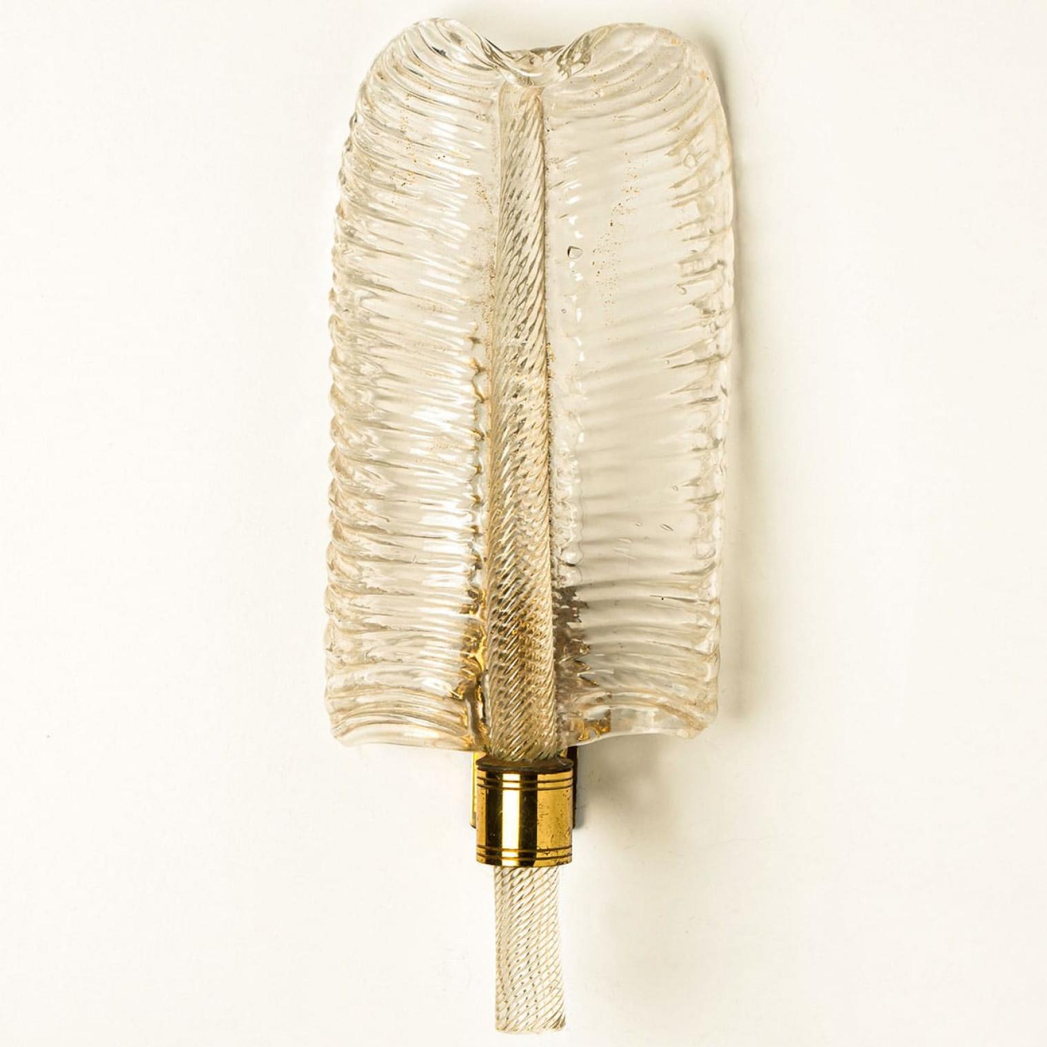 1 of the 10 Wall Sconces Barovier & Toso Glass and Brass Leaves, Italy 1970 For Sale 1