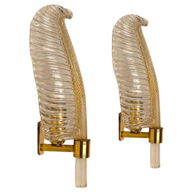 1 of the 10 Wall Sconces Barovier & Toso Glass and Brass Leaves, Italy 1970 For Sale