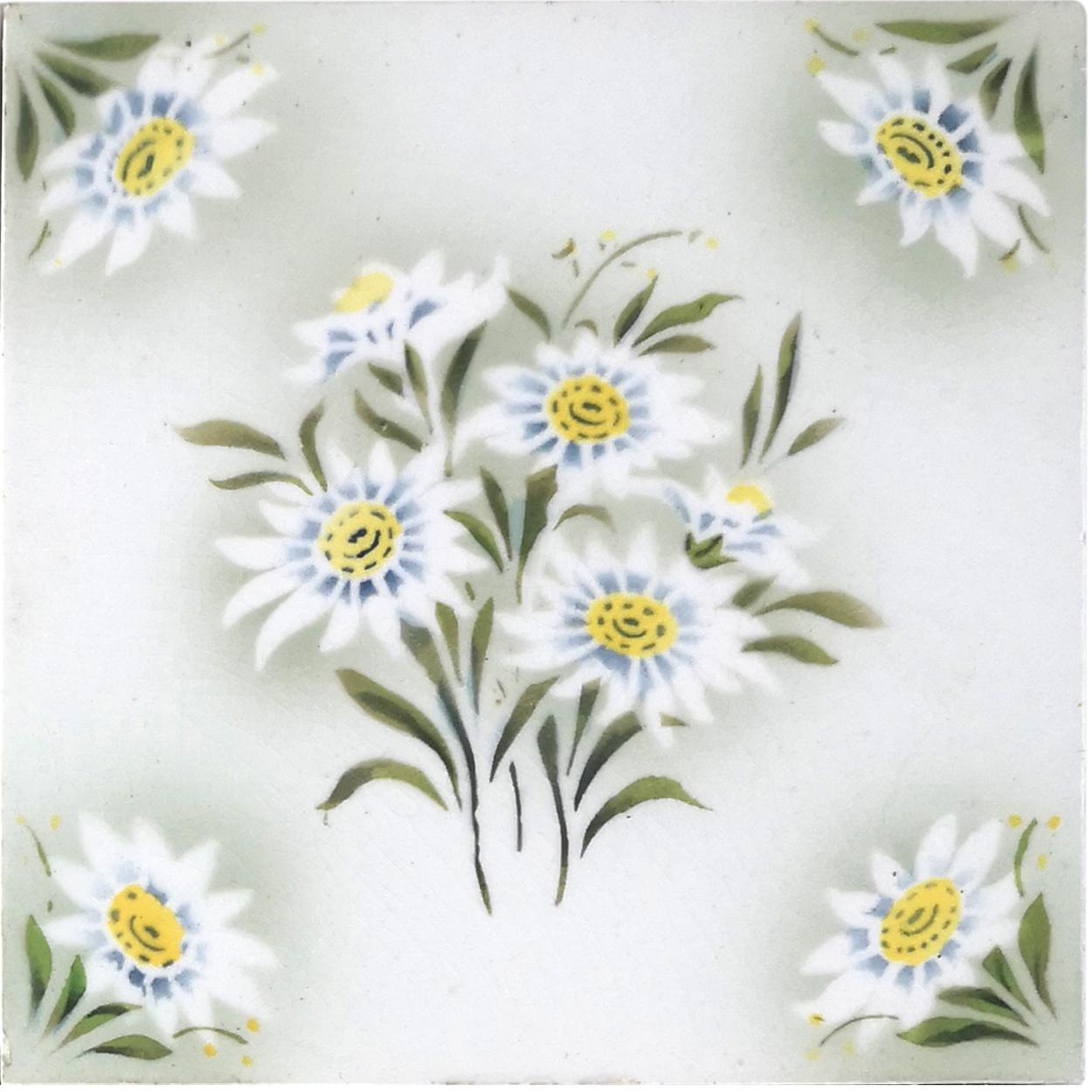 1 of the 100 amazing and unique handmade ceramic tiles. Manufactured by Societe Morialme, circa 1920s. Stylized design in wonderful soft colors (dark) green, ochre, yellow, light blue/gray. These tiles would be charming displayed on easels, framed