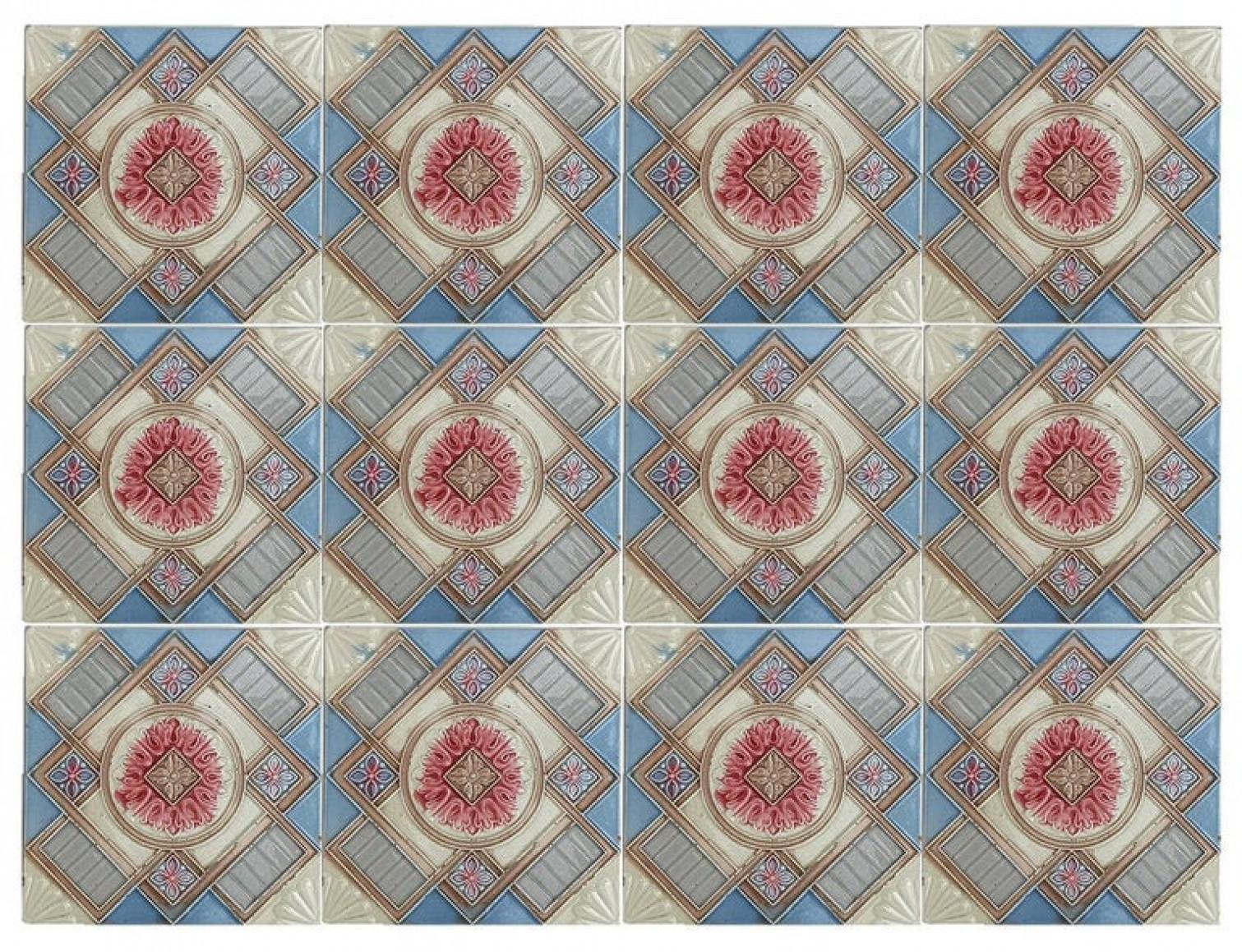 This is an amazing set of 13 antique Art Nouveau handmade tiles, S.A. Produits Céramiques de la Dyle in Wijgmaal, Belga).
A beautiful relief and deep rich warm creme, sky blue, and grey color. These tiles would be charming displayed on easels,