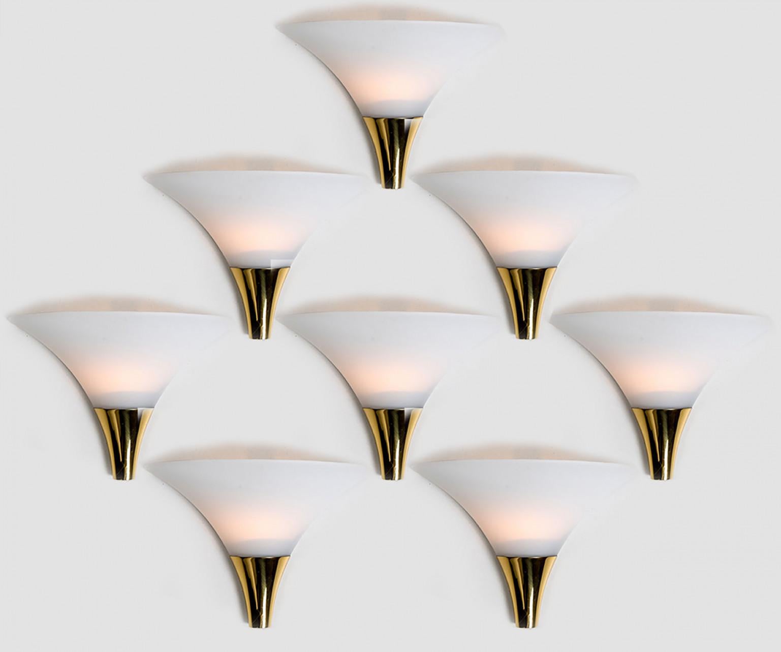 1 of the 16 Opaque Glass / Brass Wall Lights by Limburg, 1970s For Sale 4