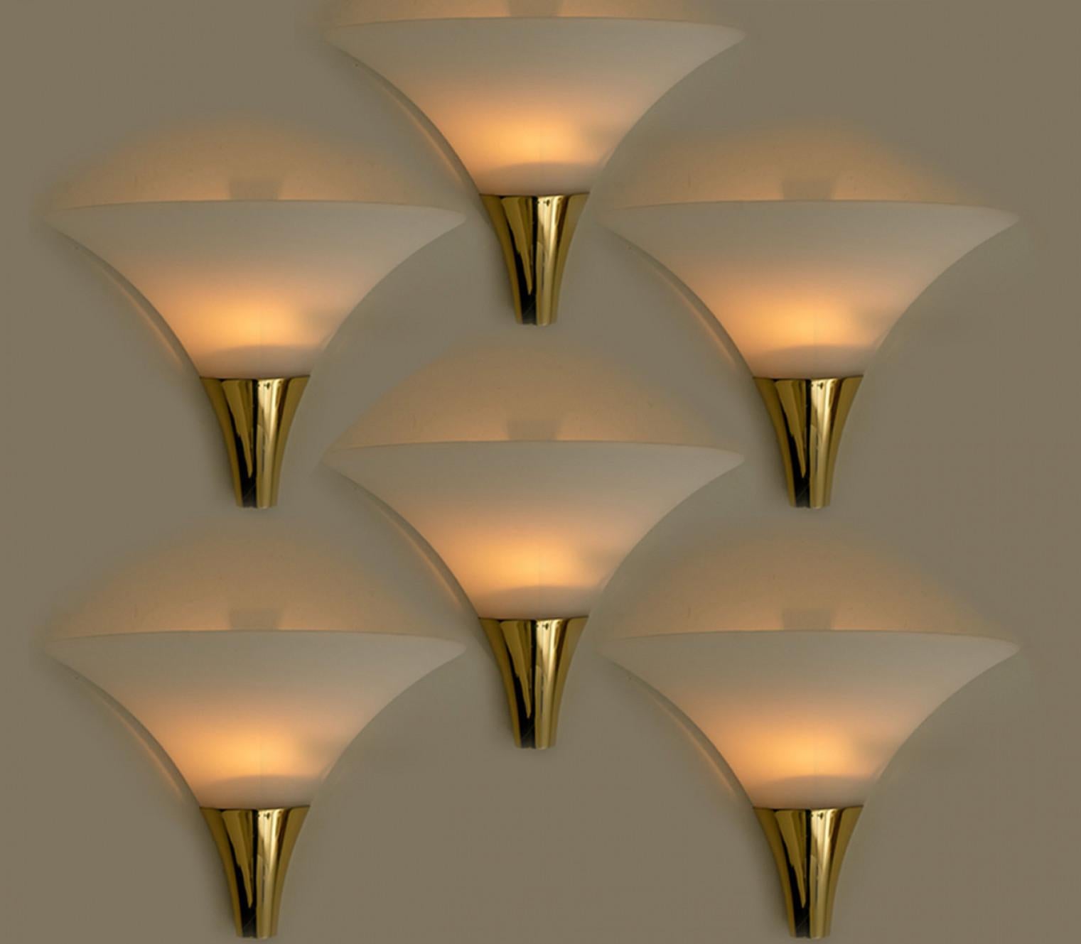 1 of the 16 Opaque Glass / Brass Wall Lights by Limburg, 1970s For Sale 5
