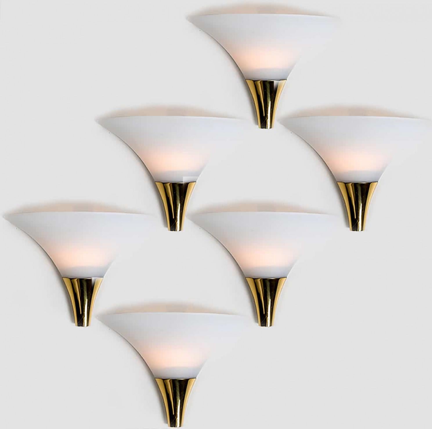 1 of the 16 Opaque Glass / Brass Wall Lights by Limburg, 1970s For Sale 6