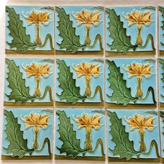 1 of the 18 Honey Yellow Flower Glazed Art Nouveau Relief Tiles, Maison Helman