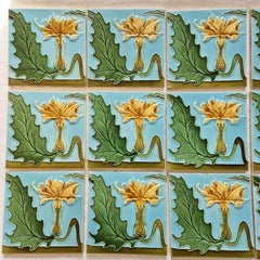 1 of the 18 Honey Yellow Flower Glazed Art Nouveau Relief Tiles, Maison Helman