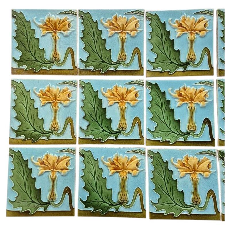 1 of the 18 Honey Yellow Flower Glazed Art Nouveau Relief Tiles, Maison Helman