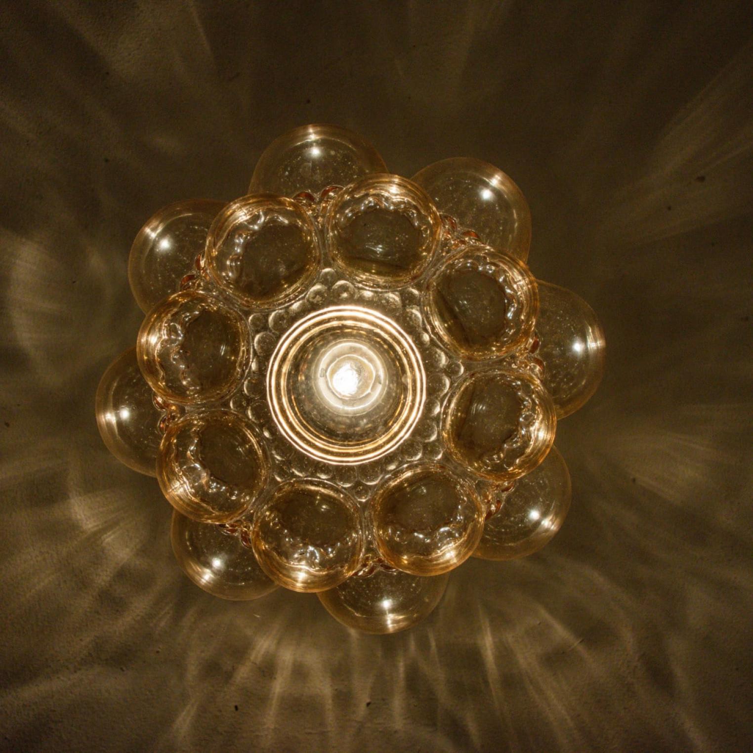 Mid-Century Modern 1 of the 2 Amber Bubble Glass Pendant Light Fixtures by Helena Tynell, 1960 For Sale