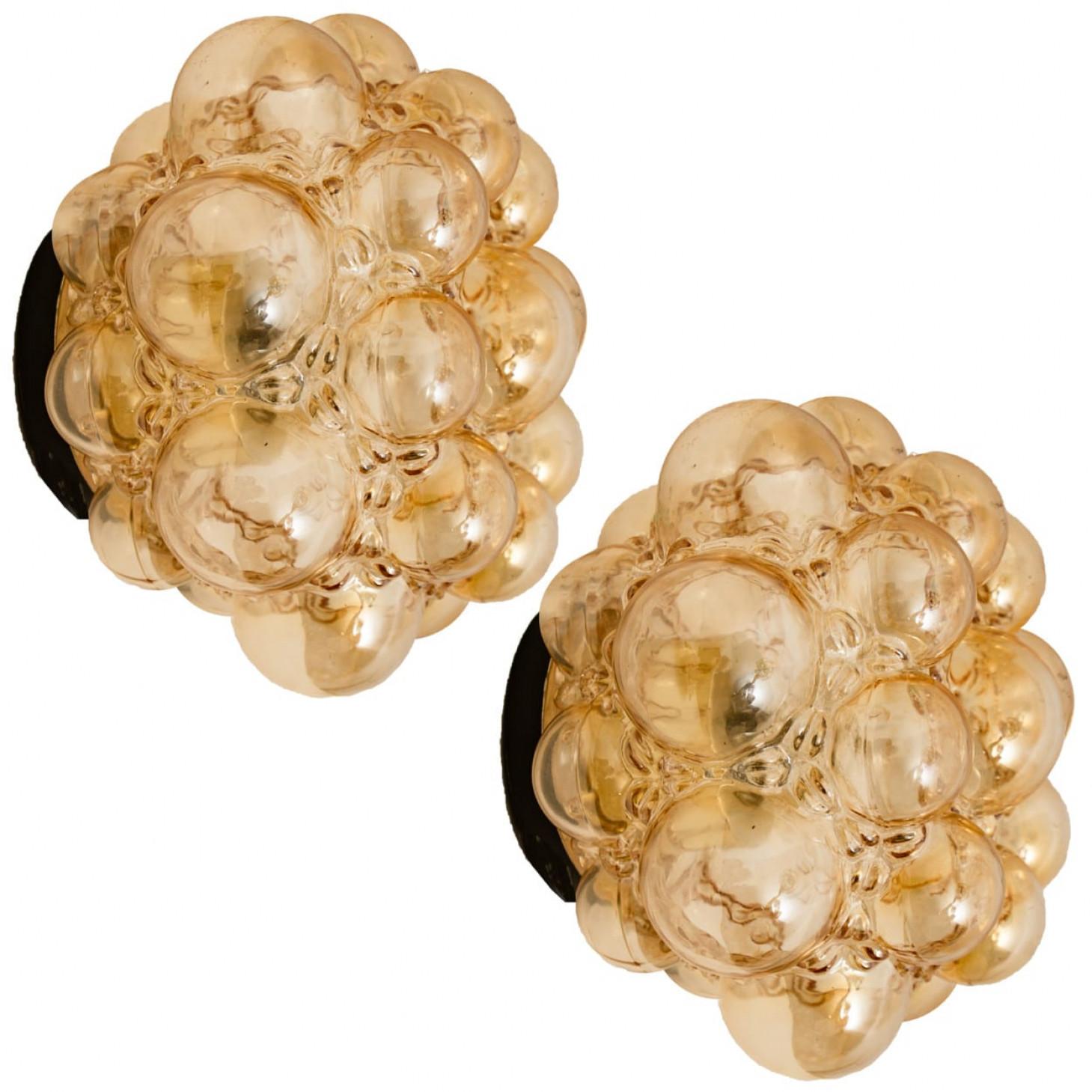20th Century 1 of the 2 Amber Bubble Glass Pendant Light Fixtures by Helena Tynell, 1960 For Sale