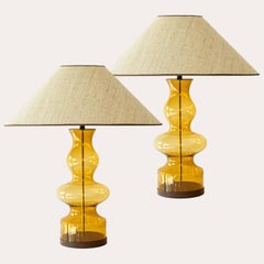 1 of the 2 Amber Bubble Glass Table Lamps, Custom Beige Lampshade by R. Houben