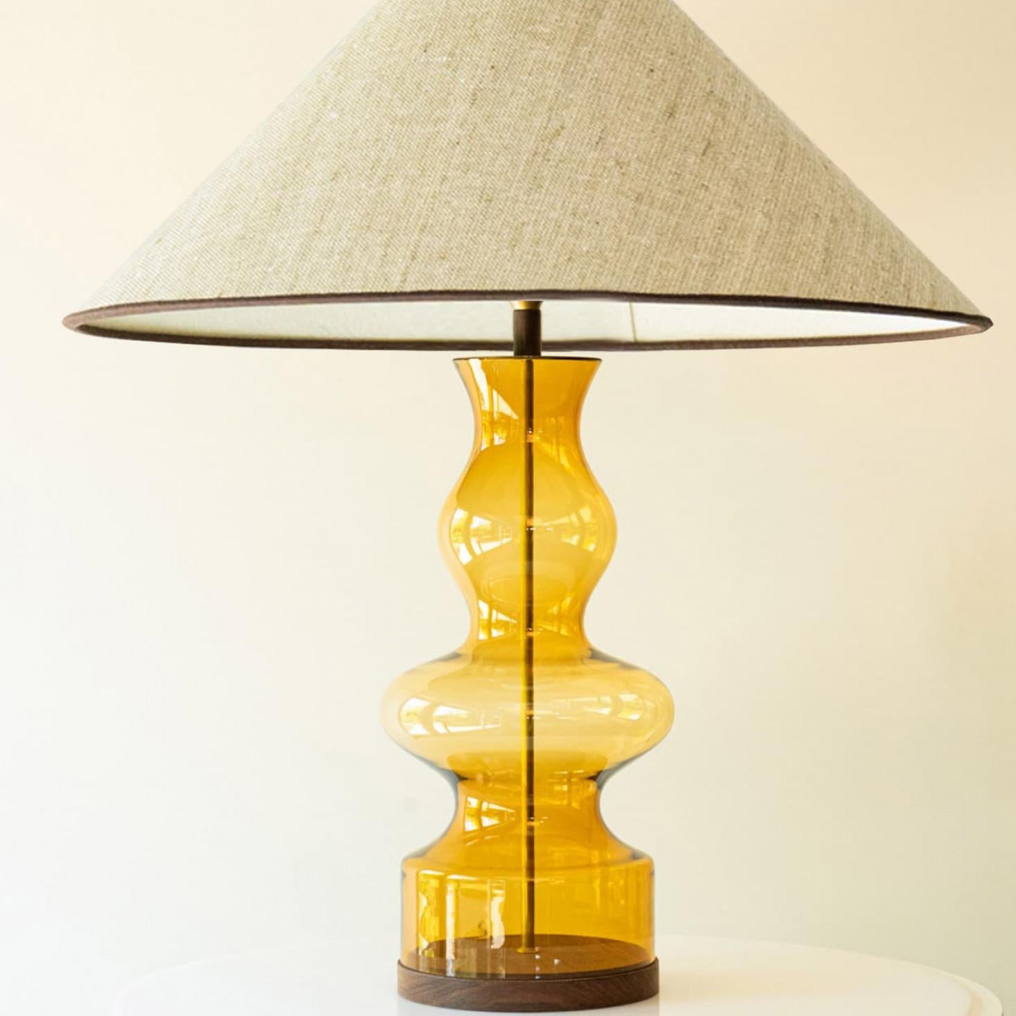 Mid-Century Modern 1 of the 2 Amber Bubble Glass Table Lamps, Custom Beige Lampshade by R. Houben For Sale