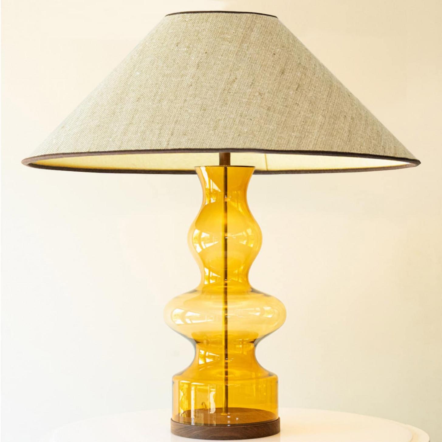 Danish 1 of the 2 Amber Bubble Glass Table Lamps, Custom Beige Lampshade by R. Houben For Sale
