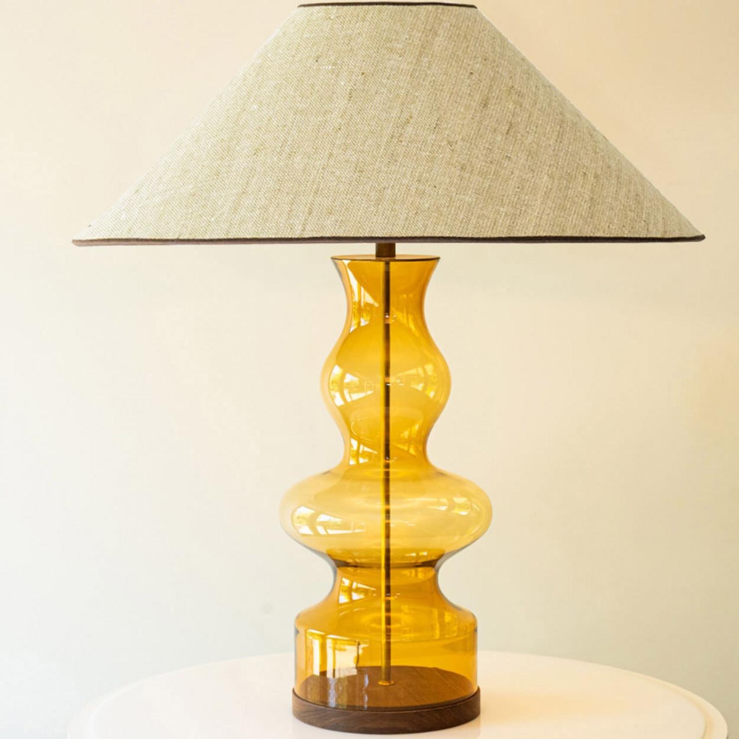 Ceramic 1 of the 2 Amber Bubble Glass Table Lamps, Custom Beige Lampshade by R. Houben For Sale