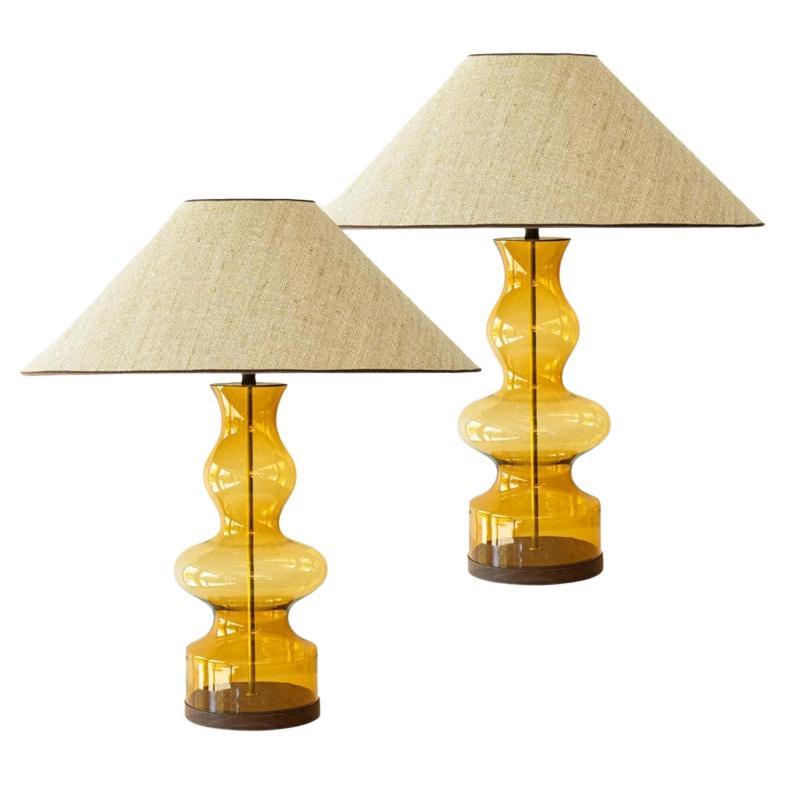 1 of the 2 Amber Bubble Glass Table Lamps, Custom Beige Lampshade by R. Houben